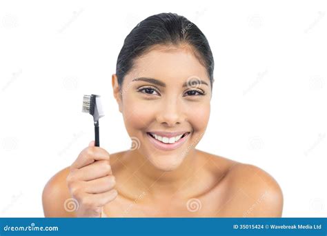 Cheerful Nude Brunette Holding Eyebrow Brush Stock Photo Image Of