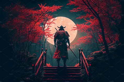 Samurai Silhouette Of A Japanese Warrior Samurai Against The Night