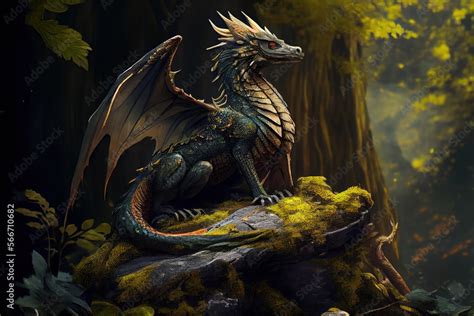 The Forest Dragon Majestic Creature Sitting On Stone In The Green