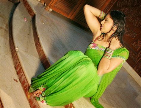Anushka Shetty Hot Green Transparent Saree Stills