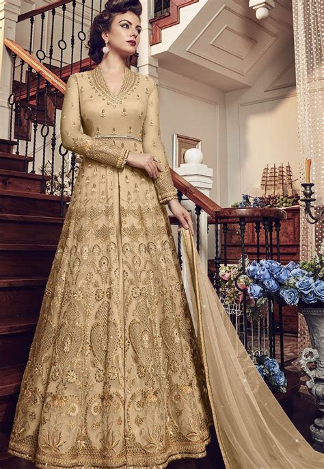 Gold Net Embroidered Lehenga Style Anarkali Suit C