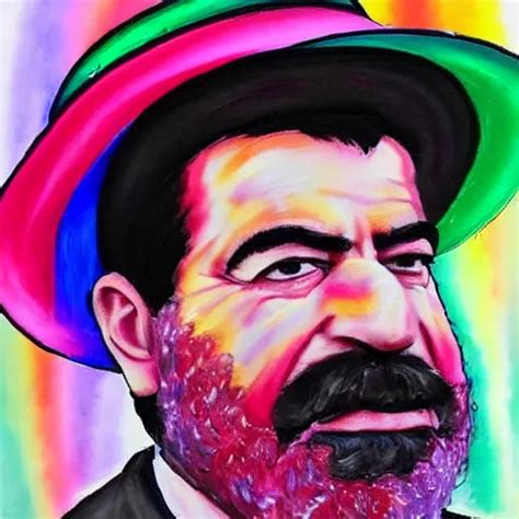 Rainbow Colored Portrait Of Saddam Hussein With A Pink Stable