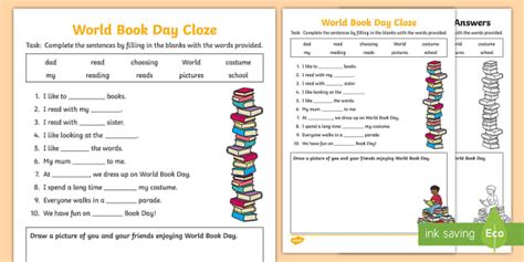 Free World Book Day Cloze Worksheet Profesor Hizo