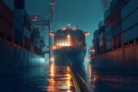 A Container Ship Loading with Containers at Night. Stock Photo - Image ...