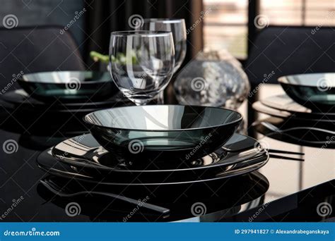 Set Of Black Glass Plates On A Dining Table Stock Illustration