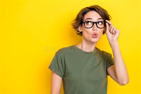 Photo Of Impressed Positive Girl With Bob Hairstyle Wear Khaki T Shirt