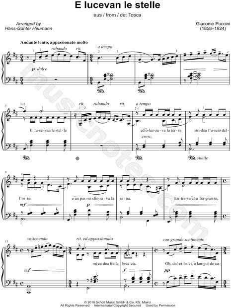 E Lucevan Le Stelle From Tosca Sheet Music Easy Piano In B Minor