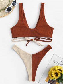 Zaful Contrast Criss Cross Ribbed Bikini Swimwear In Light Coffee