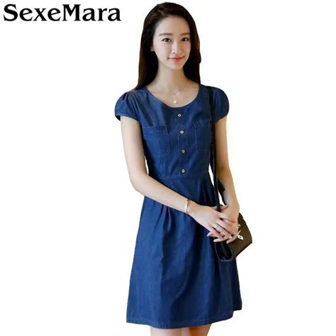 Sexemara Look Slim Plus Size Denim Dress Fashion Short Sleeve Jean