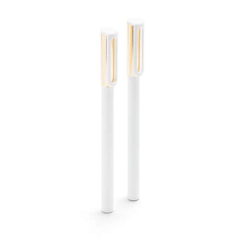 Two White And Gold Toothbrushes Sitting Next To Each Other On A White