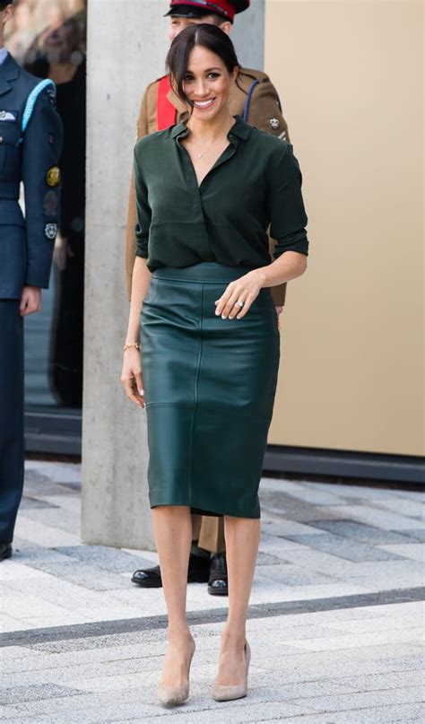 Meghan Markle Work Outfit Idea A Leather Pencil Skirt And Button Down