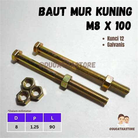 Jual M8x100 Baut Mur Kuning BMK Hex M8 X 100 HT Galvanis Kunci 12