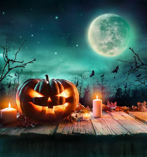 Halloween Pumpkin In A Spooky Forest At Night Stock Photo Image