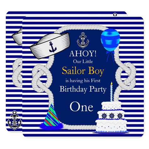 First Birthday Sailor Boy Blue Stripe Invitation Zazzle First