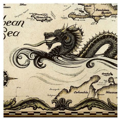 Hand Drawn Old World Style Map Mermaids Sea Monsters Caribbean