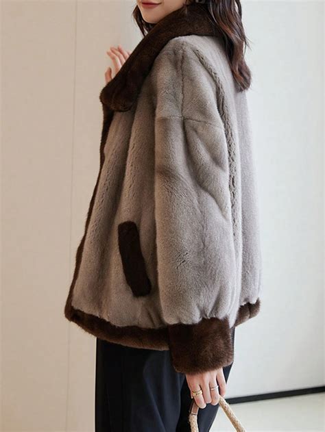 Contrast Collar Drop Shoulder Fuzzy Coat Shein Usa