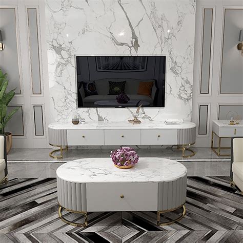 Modern White Marble Coffee Table And Tv Stand Set Media Console Set Of 2 Homary