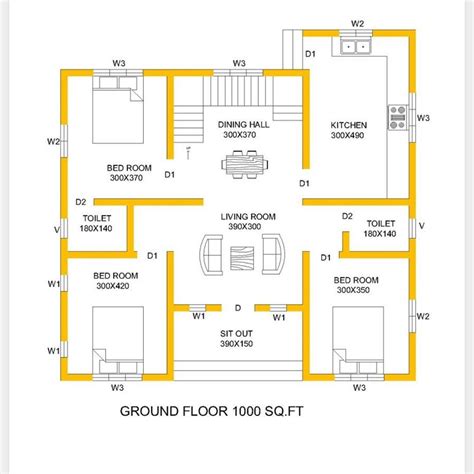 1000 Square Feet 3 Bedroom Single Floor Low Cost House and Plan - Home ...