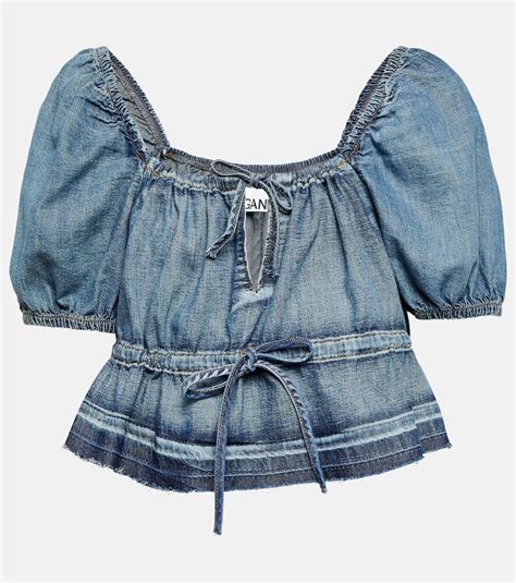 Ganni Puff Sleeve Denim Crop Top Blue Editorialist