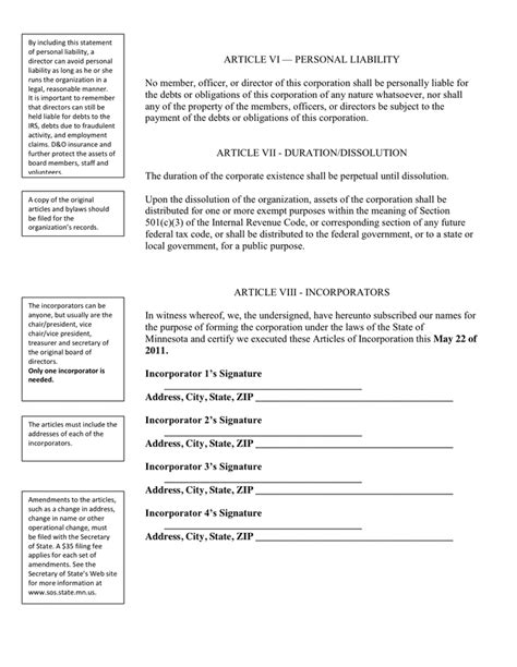 Articles Of Incorporation For Nonprofit Corporation In Word And Pdf