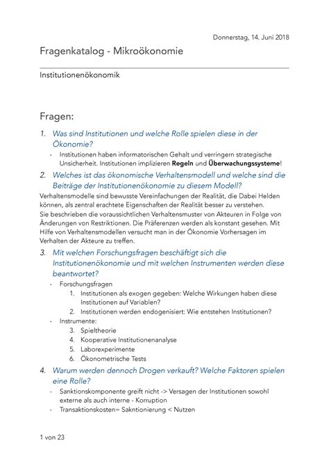 Fragenkatalog Institutionen Konomik Donnerstag Juni