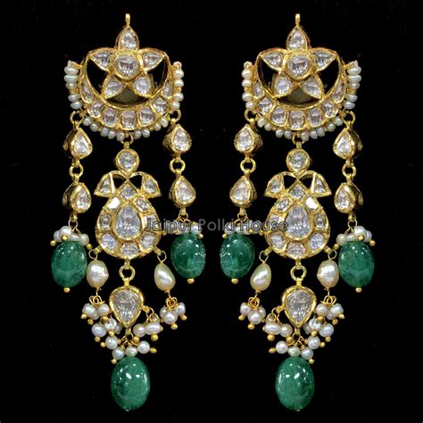 22k Gold Diamond Polki Beryl Emerald Chandbali Earrings Diamond Polki