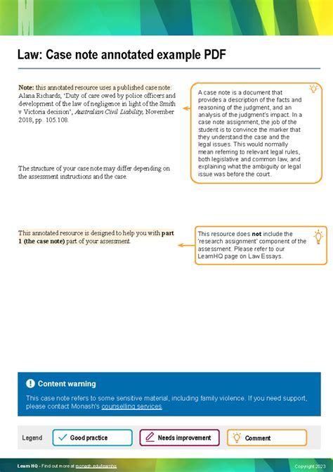 Law Case Note Example Legend Good Practice Needs Improvement Comment