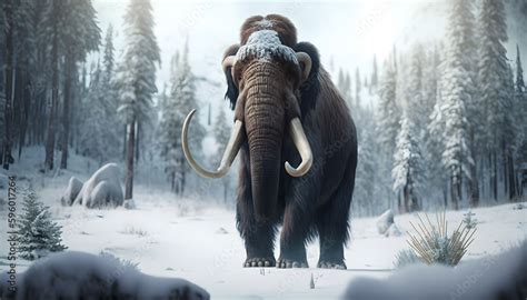 Woolly mammoth with sunlight, prehistoric animal in landscape frozen forest ice age. Generation ...