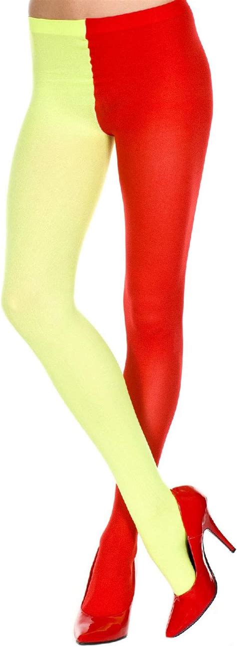 Two Tone Opaque Jester Tights Pantyhose Redyellow Os