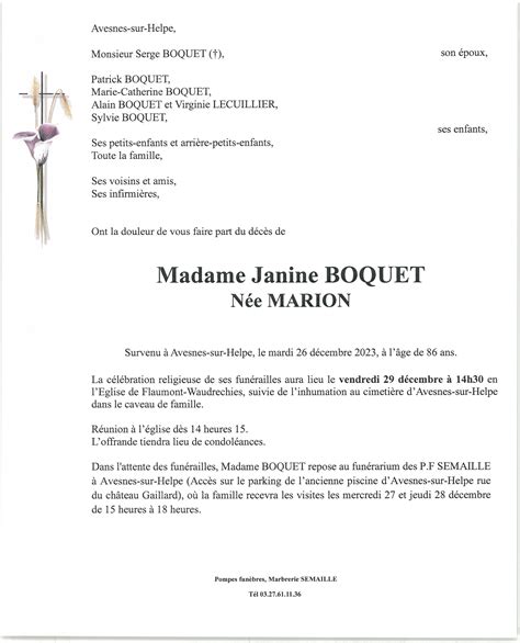 Avis de décès de Janine BOQUET Pompes funèbres Semaille