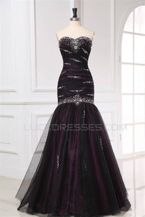 Trumpet Mermaid Sweetheart Beaded Long Black Prom Evening Formal Party