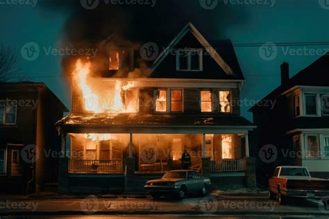 Burning House In The Night Residential House In Fire Generative Ai