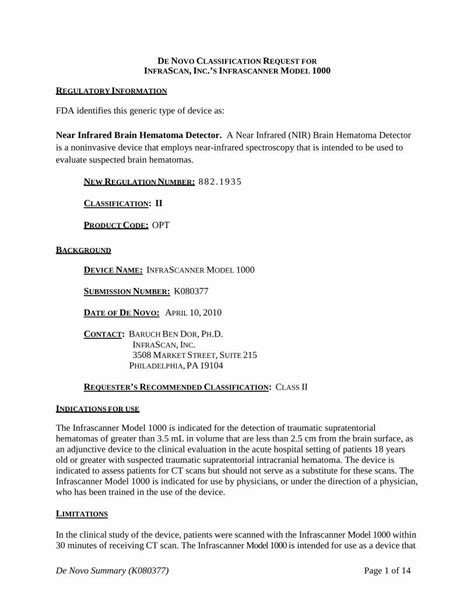 Pdf De Novo Classification Request For Infrascan Inc S