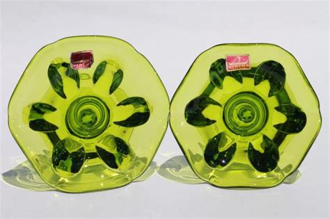 Hand Blown Art Glass Candle Holders In Retro Lime Green Color Vintage