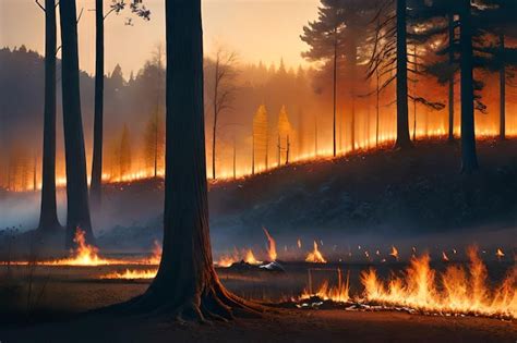 Premium AI Image | a forest fire with a forest in the background