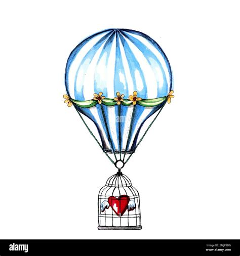 Watercolor Hand Drawn Conceptual Illustration Of Hot Air Ballon With A