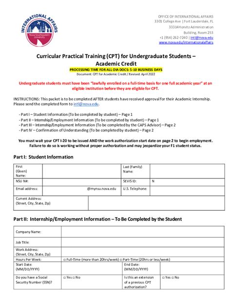 Fillable Online Curricular Practical Training Cpt For Undergraduate