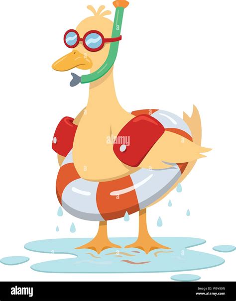 A Yellow Duck Stands Soaking Wet While Wearing Floating Aids And A