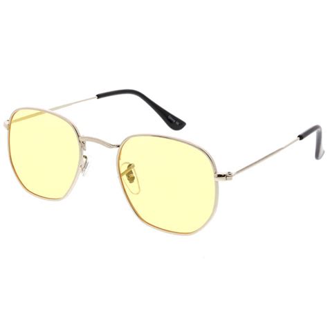 Modern Hexagonal Sunglasses Slim Metal Arms Neutral Colored Flat Lens 51mm