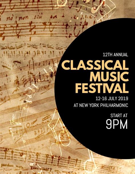 An Event Poster For The 25th Annual Classical Music Festival Featuring Sheet Music And Musical