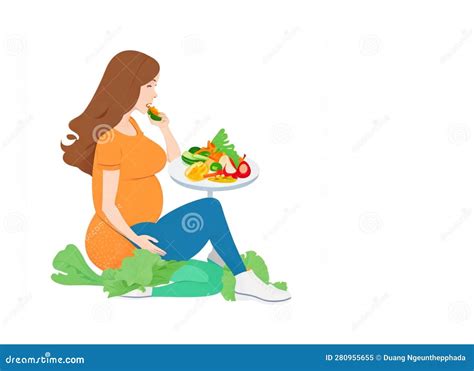 Pregnant Woman Eating Healthy Food Fruits Cartoon Style Stock