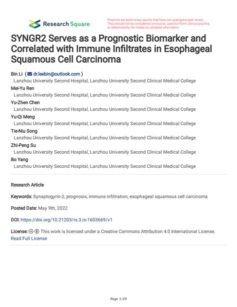 Pdf Syngr Serves As A Prognostic Biomarker And Correlated With