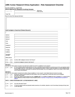 Fillable Online Uwa Human Research Ethics Application Risk Assessment