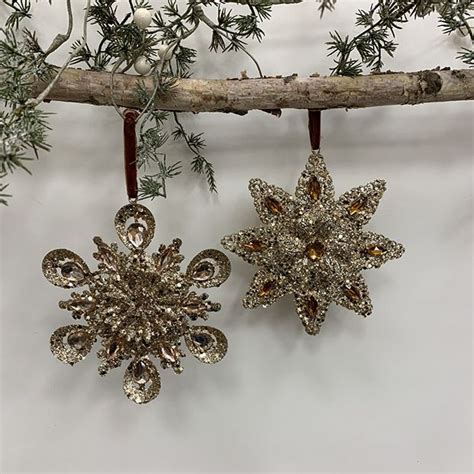 Ornate Jeweled Snowflake Ornaments Set Of 2 Antique Farmhouse