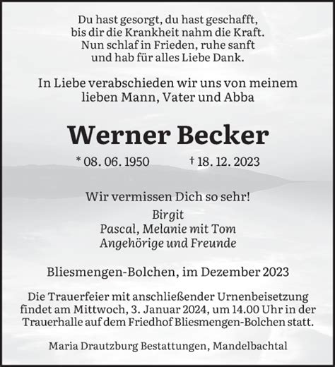 Traueranzeigen Von Werner Becker Saarbruecker Zeitung Trauer De