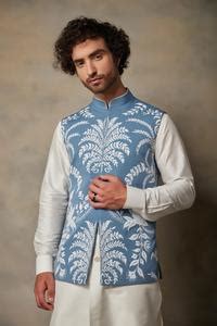 Buy Blue Polyester Viscose Embroidered Applique Floral Bundi And Kurta