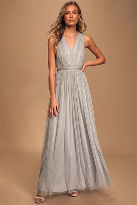 How Charming Light Grey Swiss Dot Maxi Dress Grey Bridesmaid Dresses