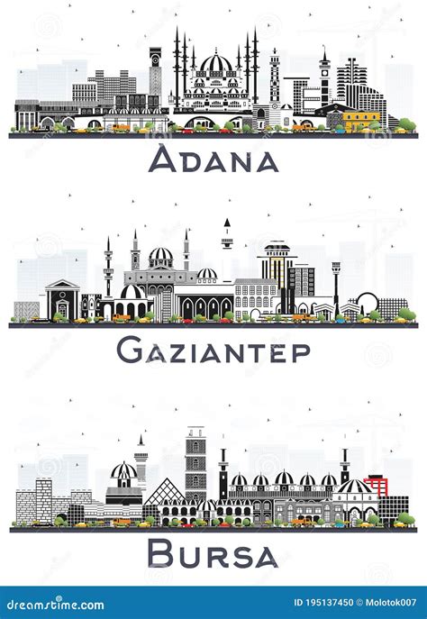 Adana Bursa And Gaziantep Turkey City Skylines With Color Buildings