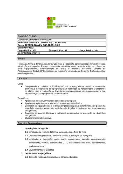 PDF DADOS DO COMPONENTE CURRICULAR Plano De Ensino Dados Do