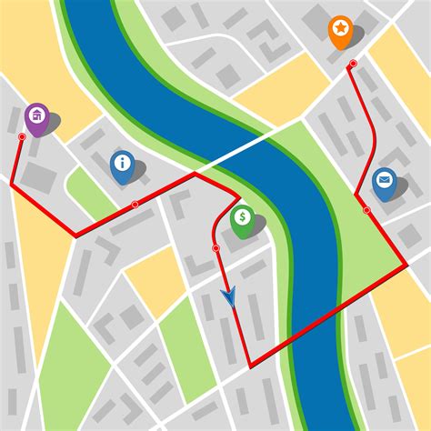 City Map Of An Imaginary City With A River And Multi Stop Route Vector